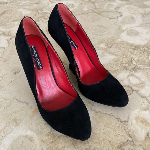 CHARLES JOURDAN Paris Eddie Black Suede Sculpted Wedge Heels 8 1/2 M - Picture 2 of 12